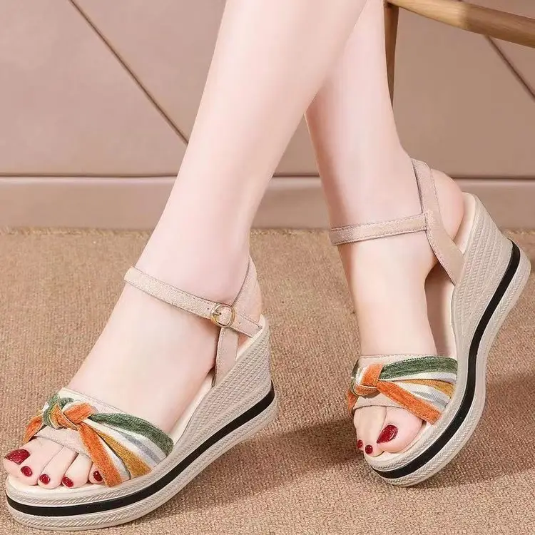 Leather Wedge Sandals Women's 2025 Summer New All-match Buckle High-heeled Thick Sole Increased Casual Outer Wear Sandals - Image 4