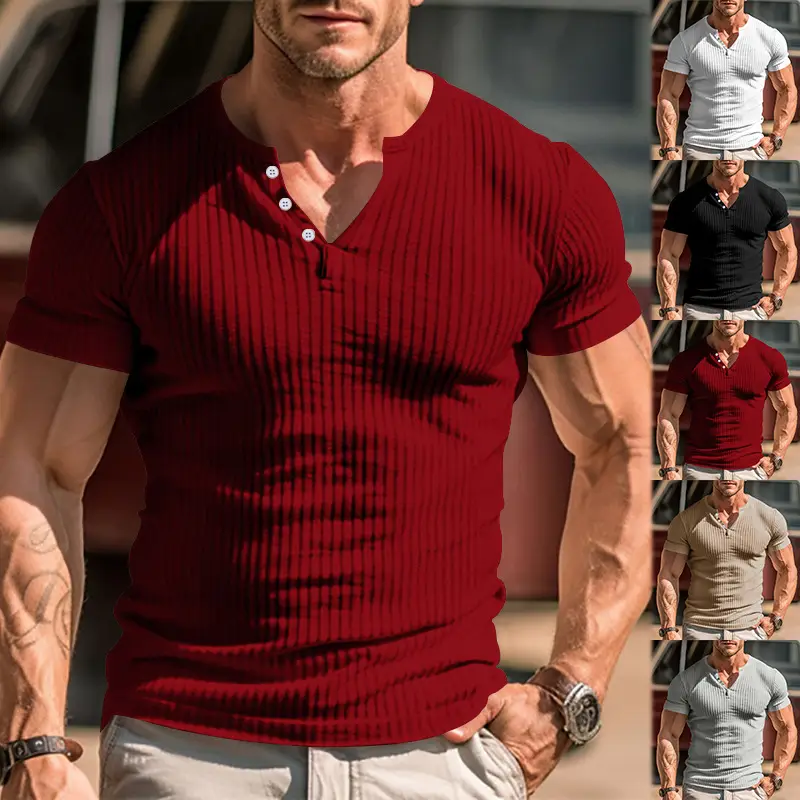 Men Black Heavyweight Slim Fit T-Shirt with Button Down Neck — feature 15