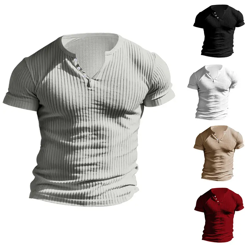 Men Black Heavyweight Slim Fit T-Shirt with Button Down Neck — feature 27