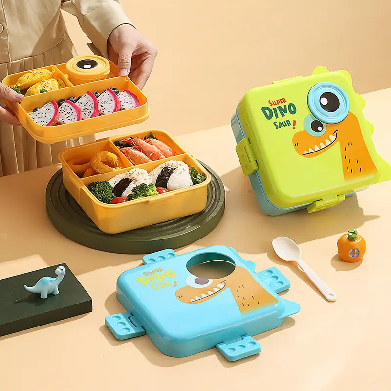 Dinosaur Cartoon Lunch Box for Children and Students Microwave Heatable Lunch Box Double Layer Salad Plastic Lunch Box Wholesale