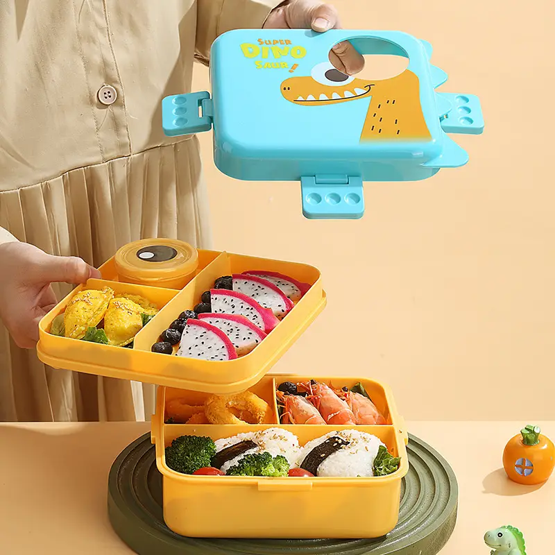 Dinosaur Cartoon Lunch Box for Children and Students Microwave Heatable Lunch Box Double Layer Salad Plastic Lunch Box Wholesale