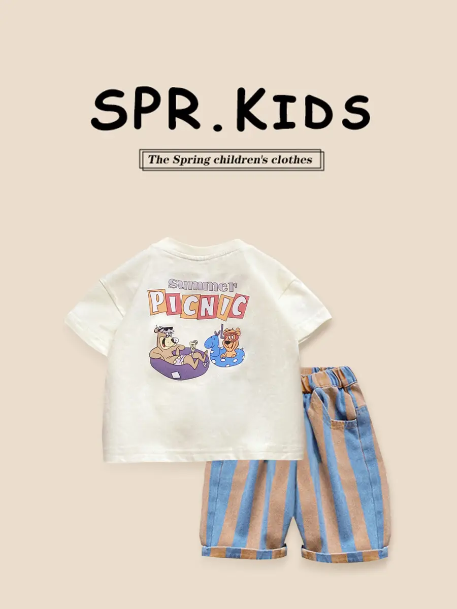 Kids Cartoon T-Shirt Shorts Set White Blue Summer 2025 - Image 2