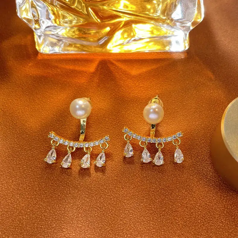 Copper Plated Pearl Earrings with Water Drops - Image 2
