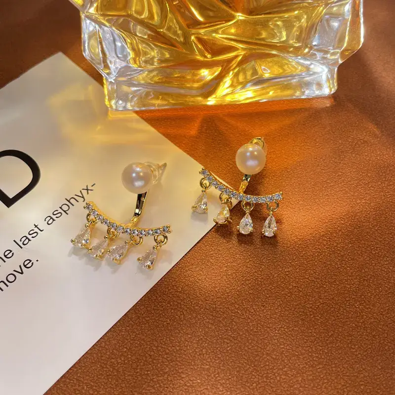 Copper Plated Pearl Earrings with Water Drops - Image 3