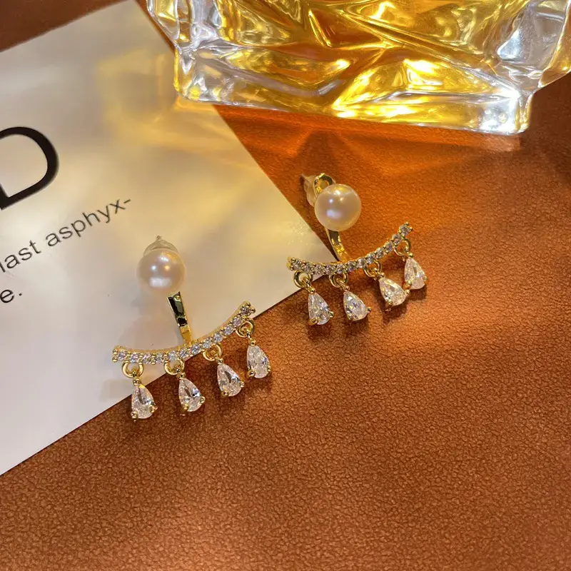 Copper Plated Pearl Earrings with Water Drops - Image 4