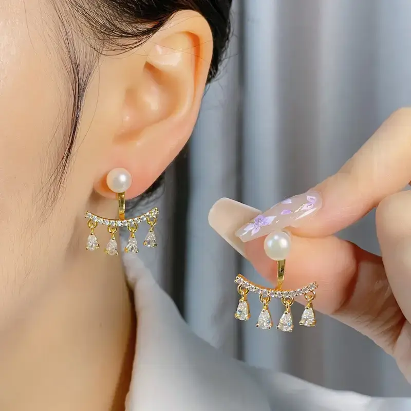 Copper Plated Pearl Earrings with Water Drops - Image 5