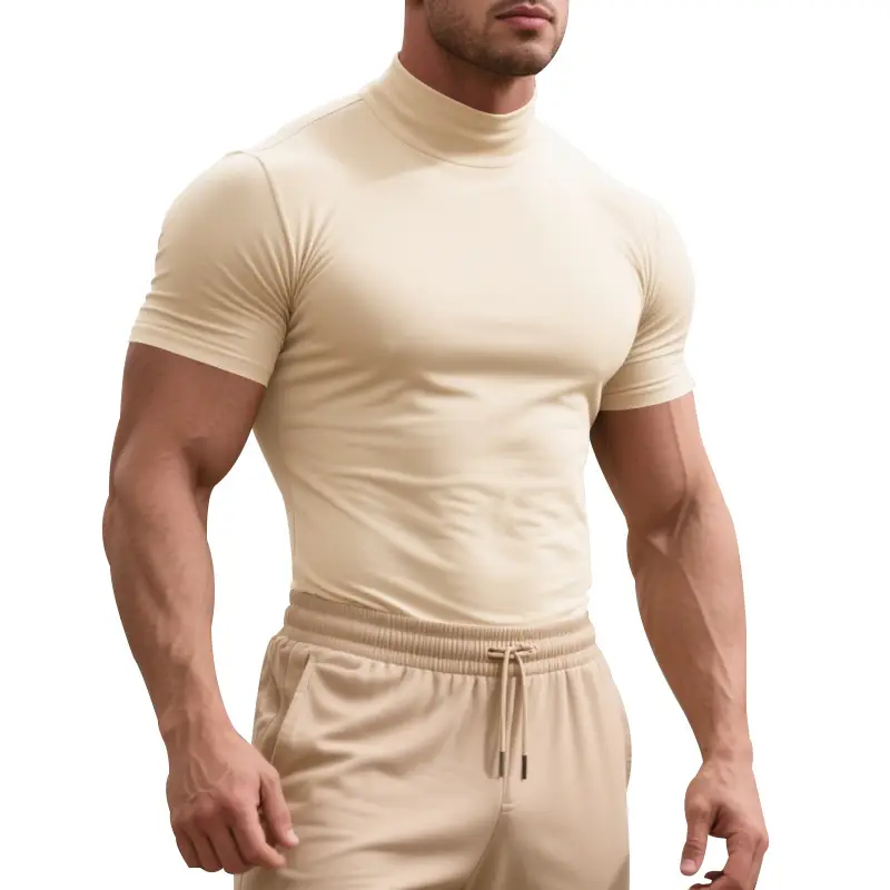 Men's Pure Color Turtleneck T-Shirt Short Sleeve - Image 5
