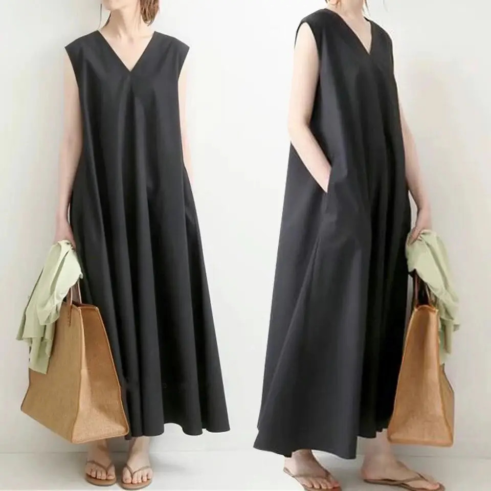 Japanese Korean Summer V-neck Silk Linen Vest Dress Long Skirt Belt - Image 6