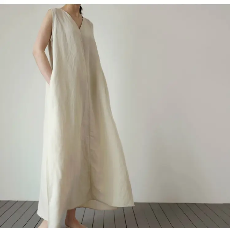 Japanese Korean Summer V-neck Silk Linen Vest Dress Long Skirt Belt - Image 4