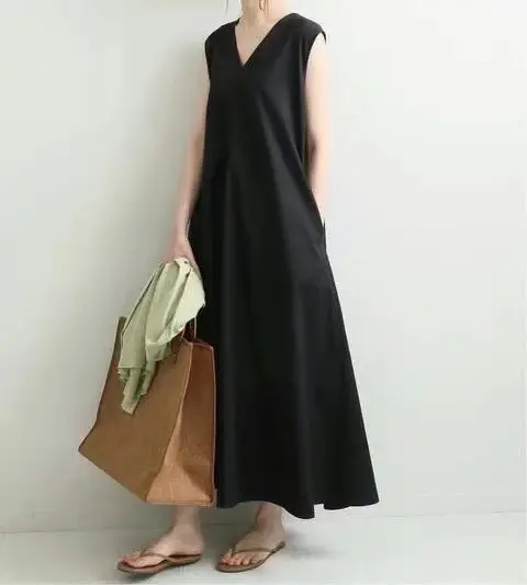 Japanese Korean Summer V-neck Silk Linen Vest Dress Long Skirt Belt — feature 1