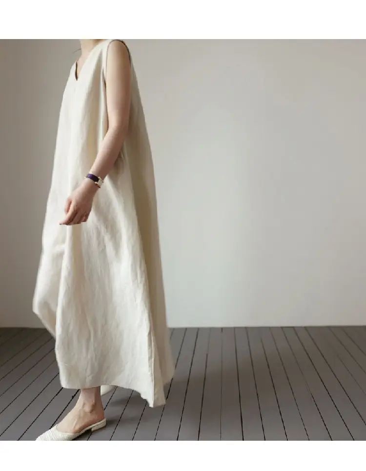 Japanese Korean Summer V-neck Silk Linen Vest Dress Long Skirt Belt — feature 10