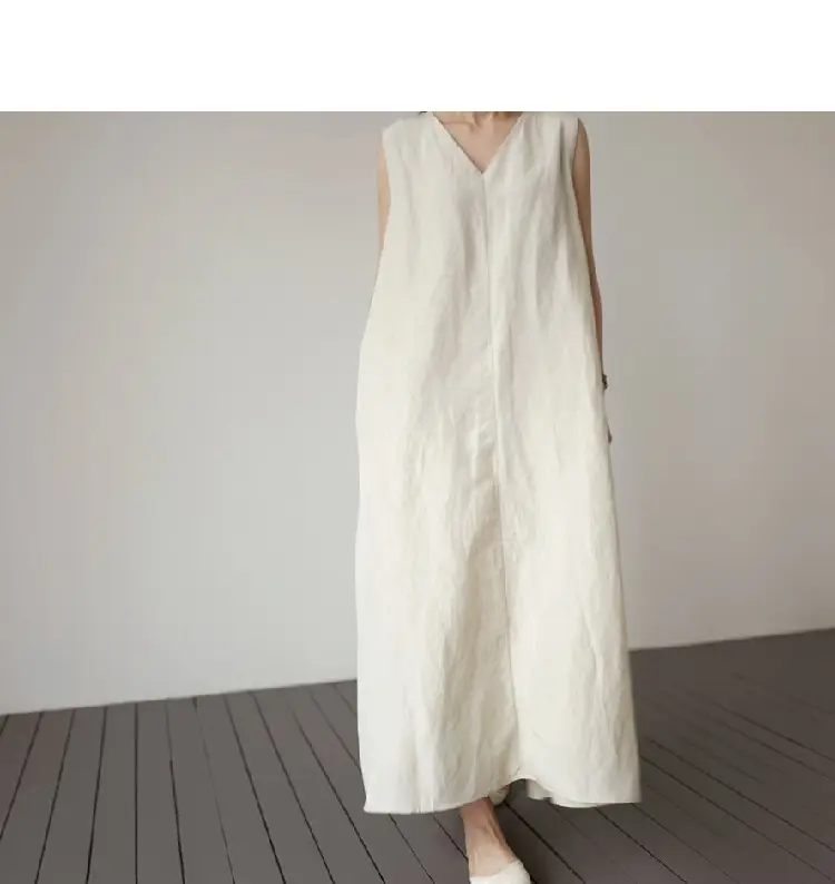 Japanese Korean Summer V-neck Silk Linen Vest Dress Long Skirt Belt — feature 6