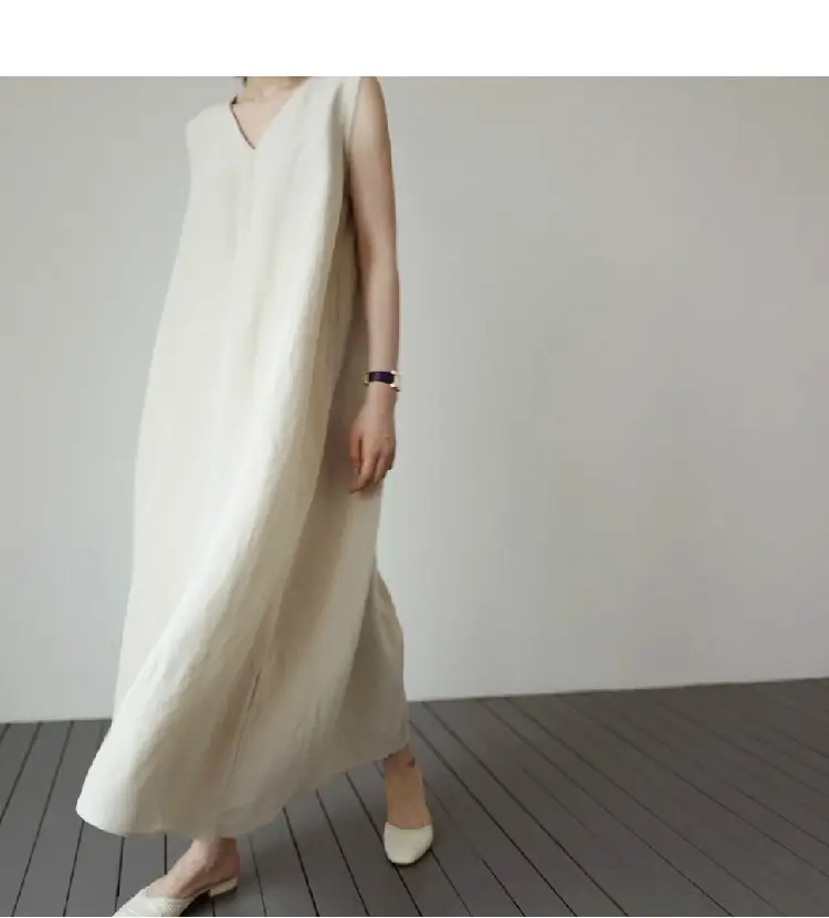 Japanese Korean Summer V-neck Silk Linen Vest Dress Long Skirt Belt — feature 8