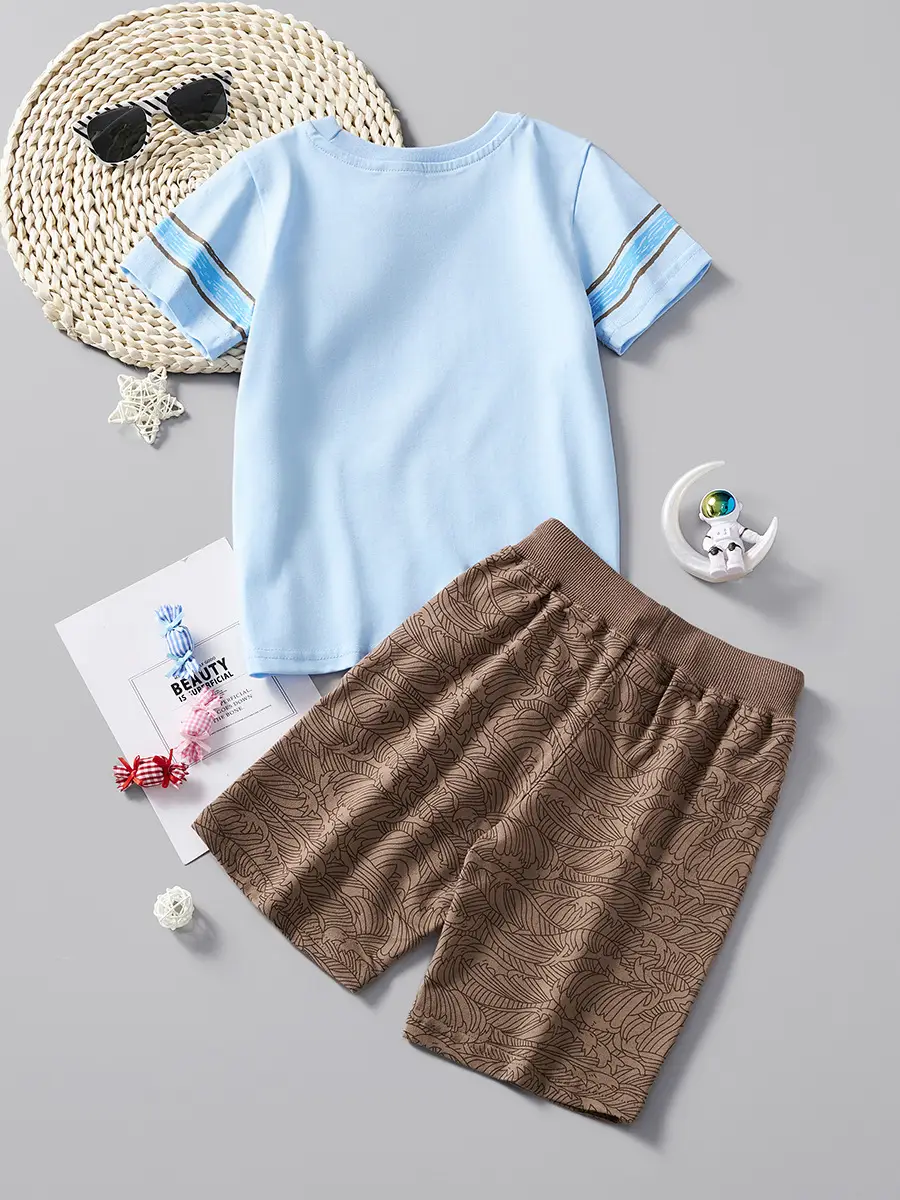 Children's T-Shirt Blue Brown Cotton Summer Short Sleeve - Image 3