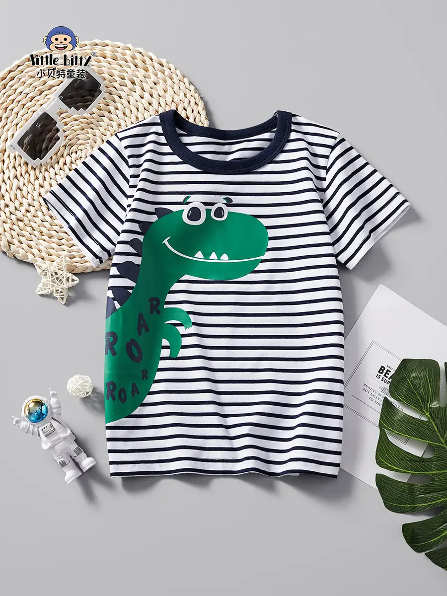 Kids Striped T-Shirt Boys Dinosaur Pattern 2025 - Image 2