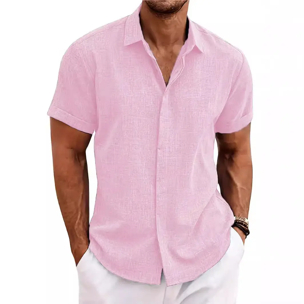 Men Cotton Linen Short Sleeve Shirt Grey Plus Size - Image 10