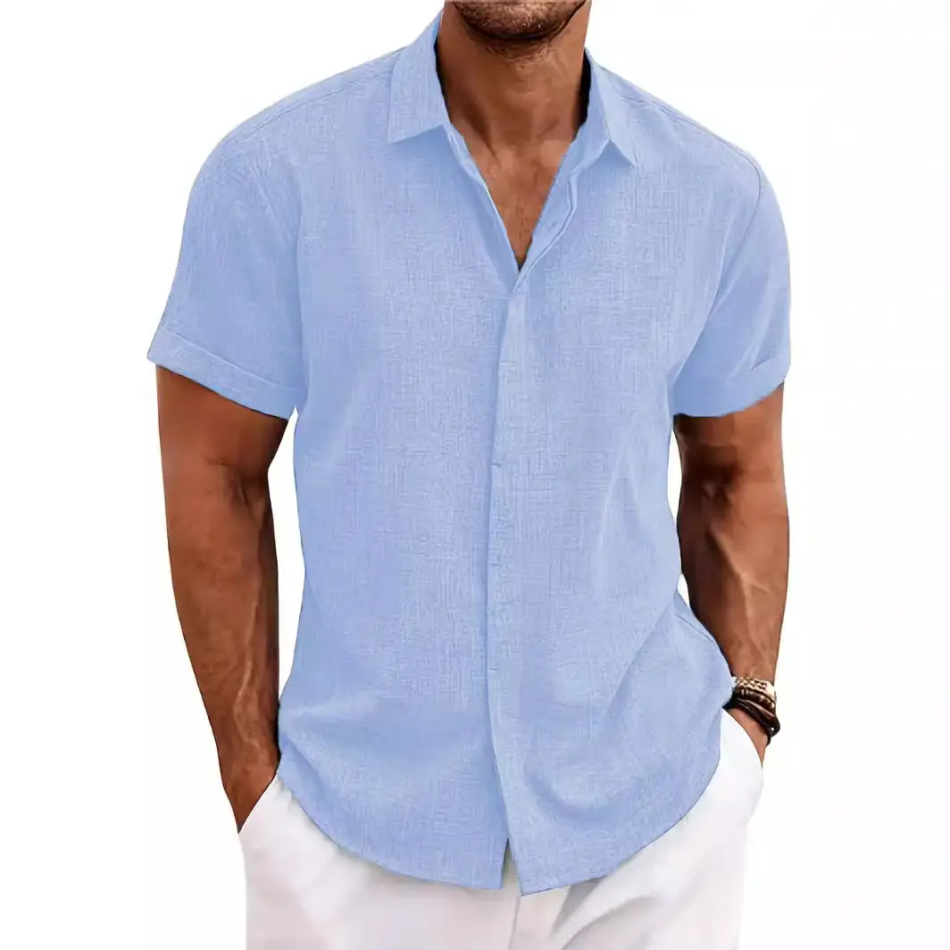 Men Cotton Linen Short Sleeve Shirt Grey Plus Size - Image 11