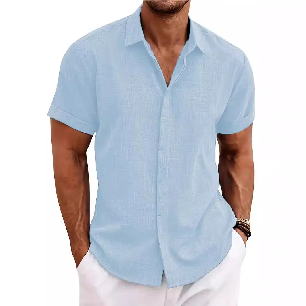 Men Cotton Linen Short Sleeve Shirt Grey Plus Size - Image 12