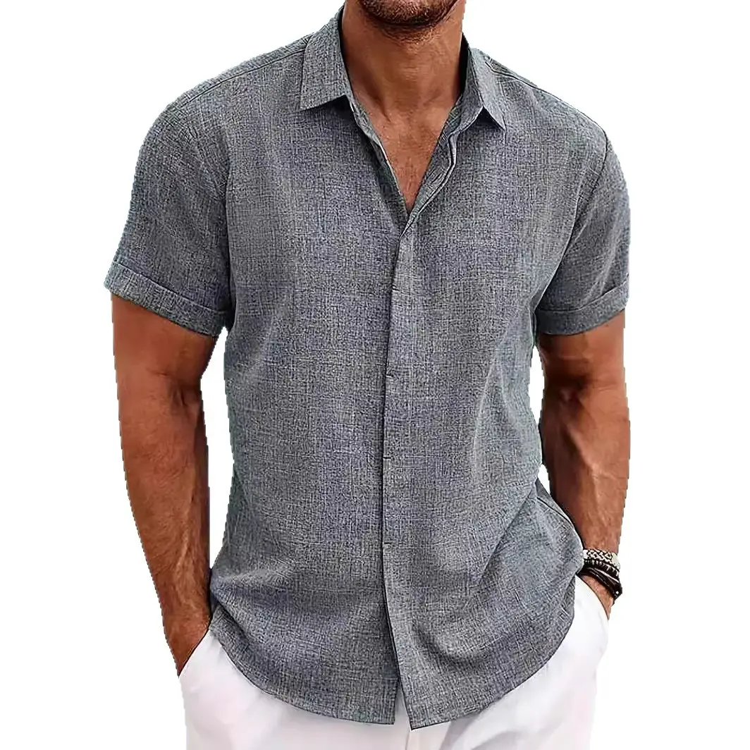 Men Cotton Linen Short Sleeve Shirt Grey Plus Size - Image 13