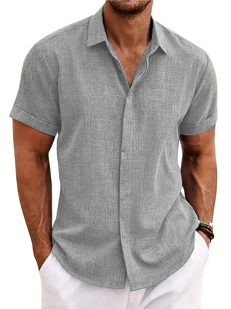 Men Cotton Linen Short Sleeve Shirt Grey Plus Size - Image 2