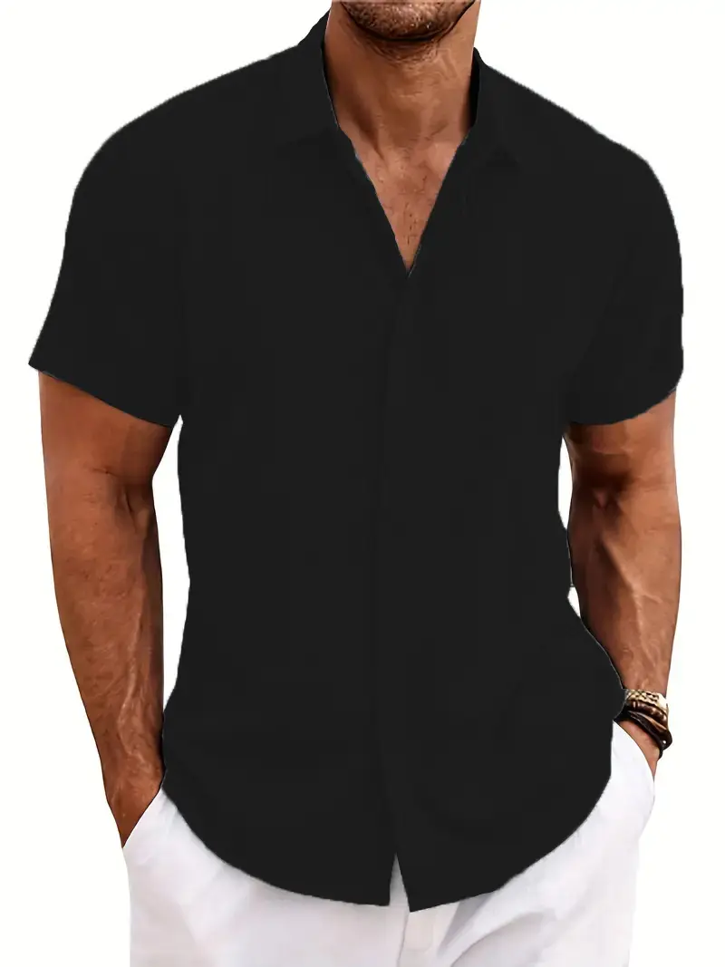 Men Cotton Linen Short Sleeve Shirt Grey Plus Size - Image 3