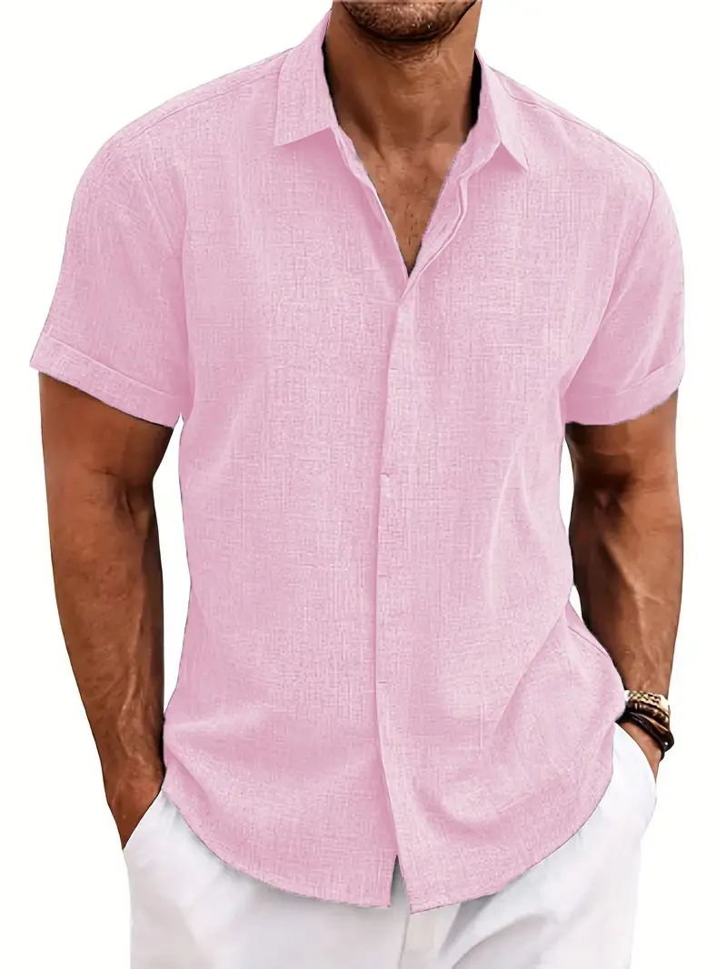 Men Cotton Linen Short Sleeve Shirt Grey Plus Size - Image 4