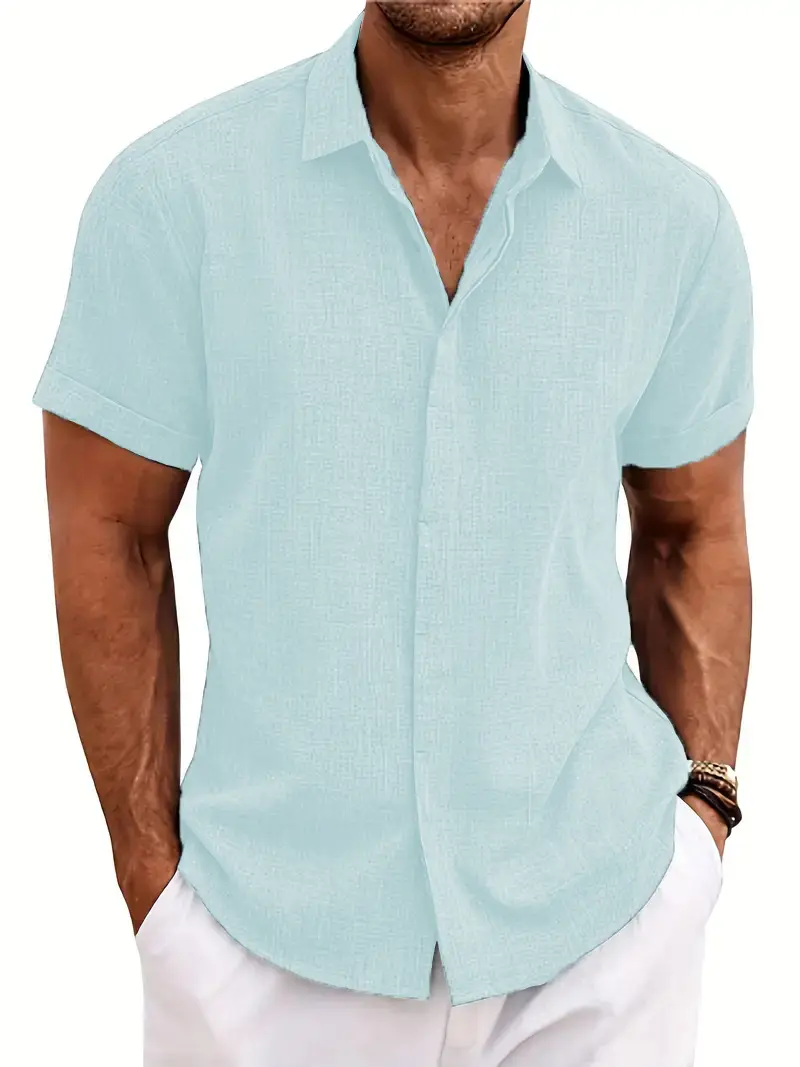 Men Cotton Linen Short Sleeve Shirt Grey Plus Size - Image 5