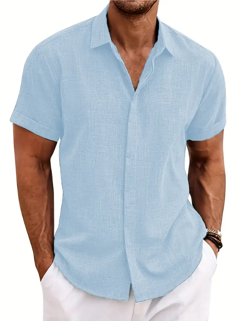 Men Cotton Linen Short Sleeve Shirt Grey Plus Size - Image 6