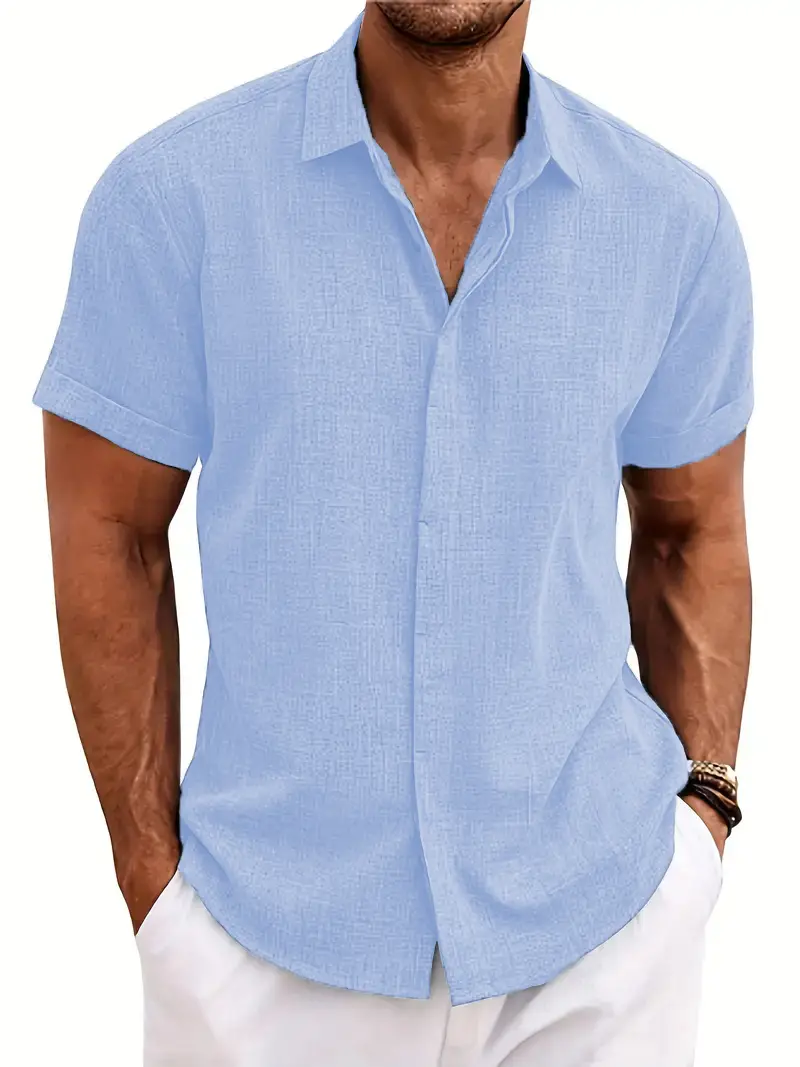 Men Cotton Linen Short Sleeve Shirt Grey Plus Size - Image 7