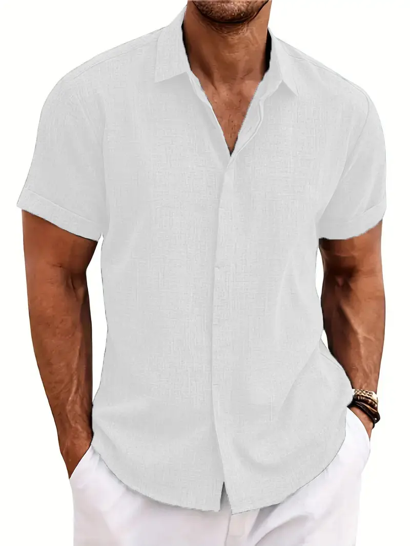 Men Cotton Linen Short Sleeve Shirt Grey Plus Size - Image 8