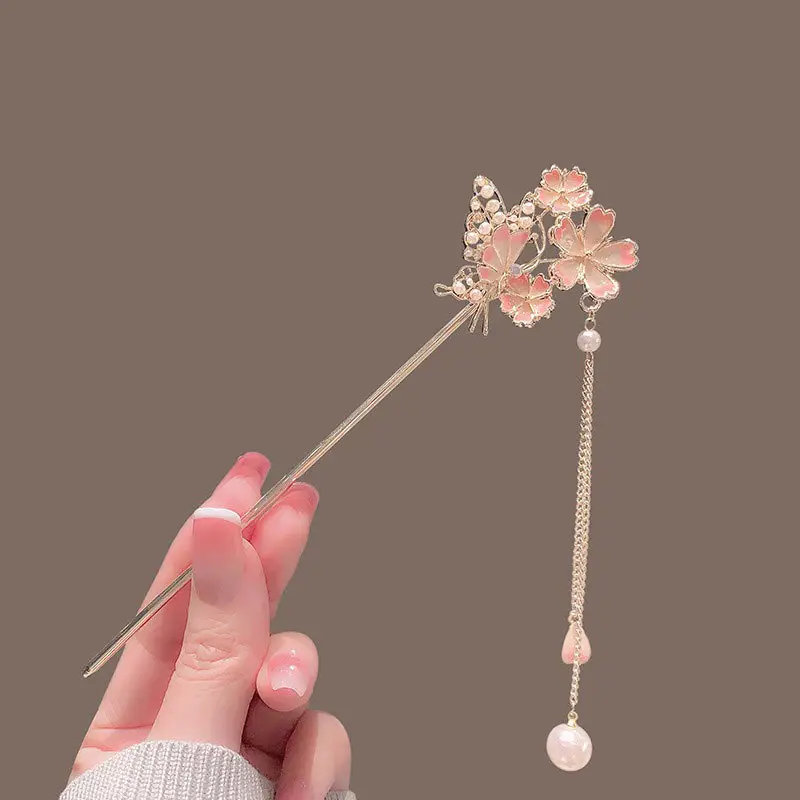 Chinese Butterfly Hairpin with Pearl Drop Antique Hanfu Style