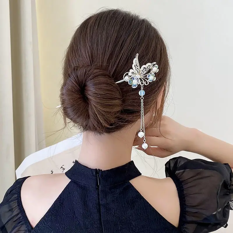 Chinese Butterfly Hairpin with Pearl Drop Antique Hanfu Style