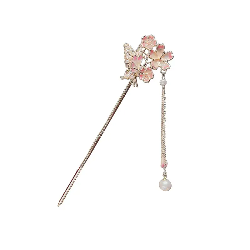 Chinese Butterfly Hairpin with Pearl Drop Antique Hanfu Style