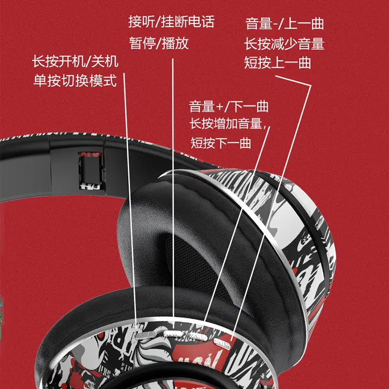 Over-Ear Bluetooth Headset with RGB Lights & Graffiti Design - Image 6