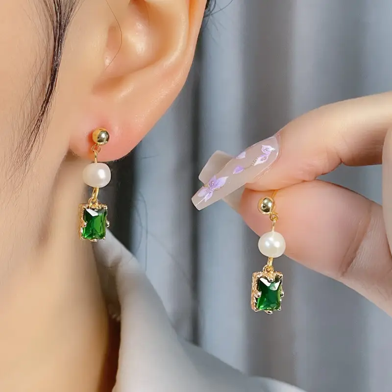 Copper Plated Green Zircon Pearl Earrings