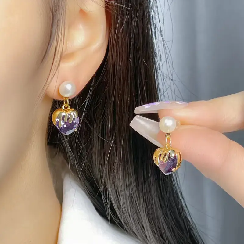Purple Heart Pearl Earrings Copper Plated 18K True Gold - Image 3