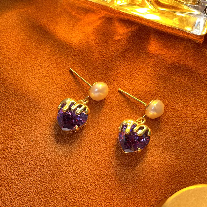 Purple Heart Pearl Earrings Copper Plated 18K True Gold - Image 4