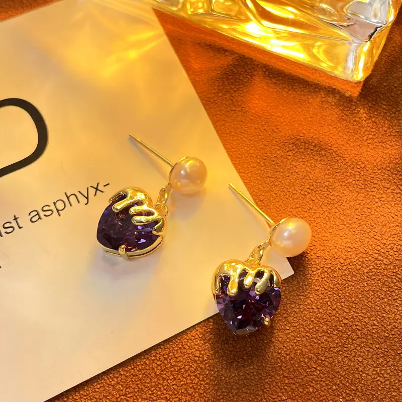 Purple Heart Pearl Earrings Copper Plated 18K True Gold - Image 5