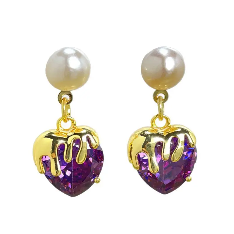 Purple Heart Pearl Earrings Copper Plated 18K True Gold