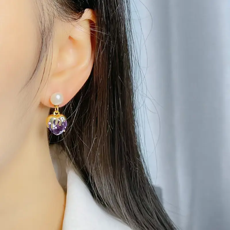 Purple Heart Pearl Earrings Copper Plated 18K True Gold — feature 6
