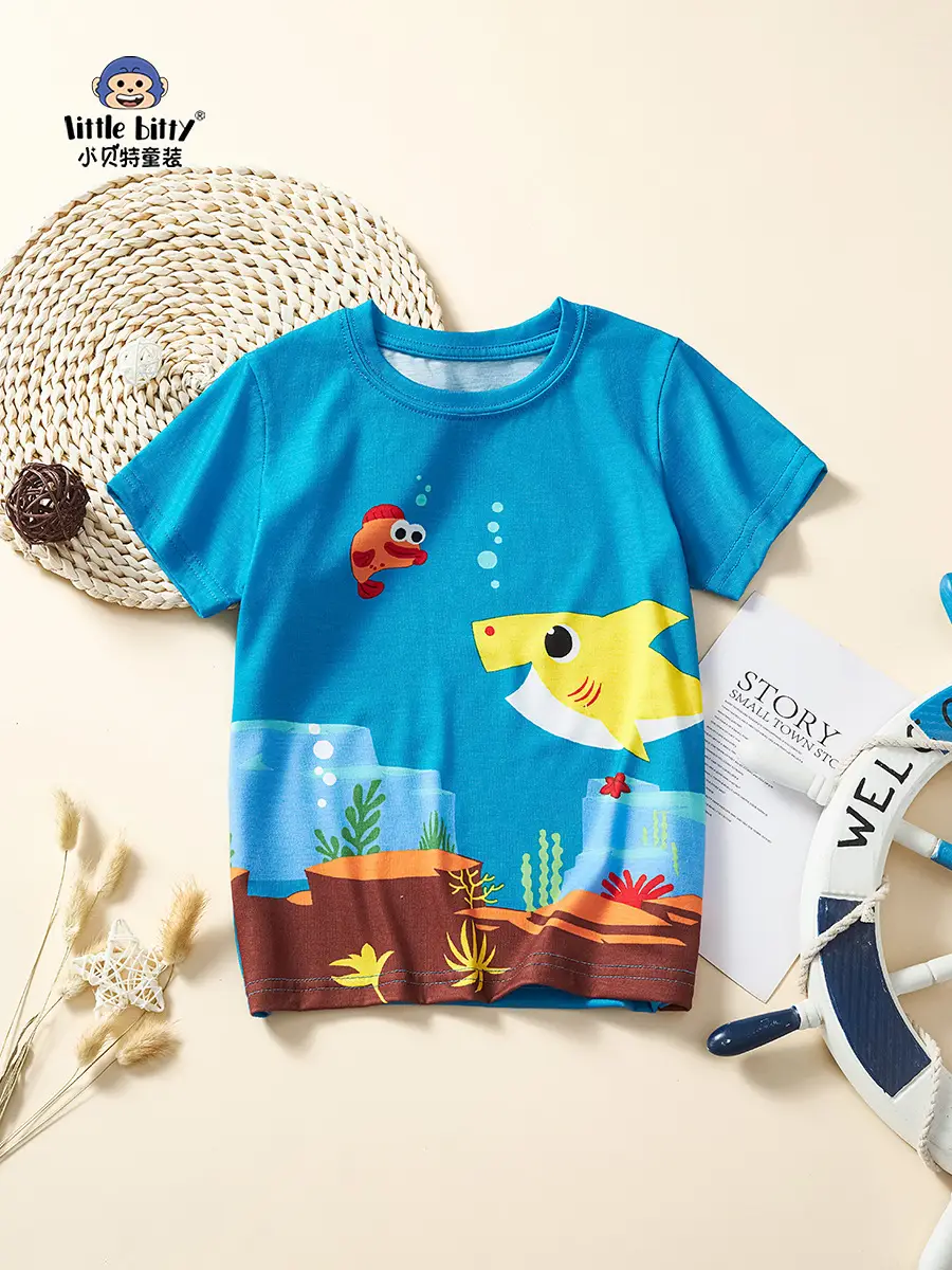 2025 Boys Ocean T-Shirt Blue Cartoon Print Summer - Image 2