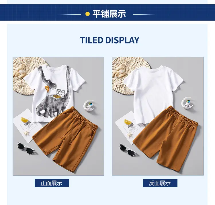 Boys Dinosaur Print T-Shirt Shorts Set Brown White — feature 8