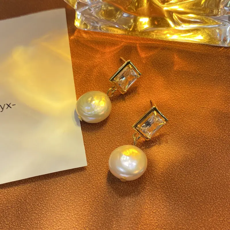 Copper Plated Pearl Earrings Gold Square Design