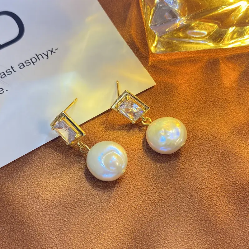 Copper Plated Pearl Earrings Gold Square Design