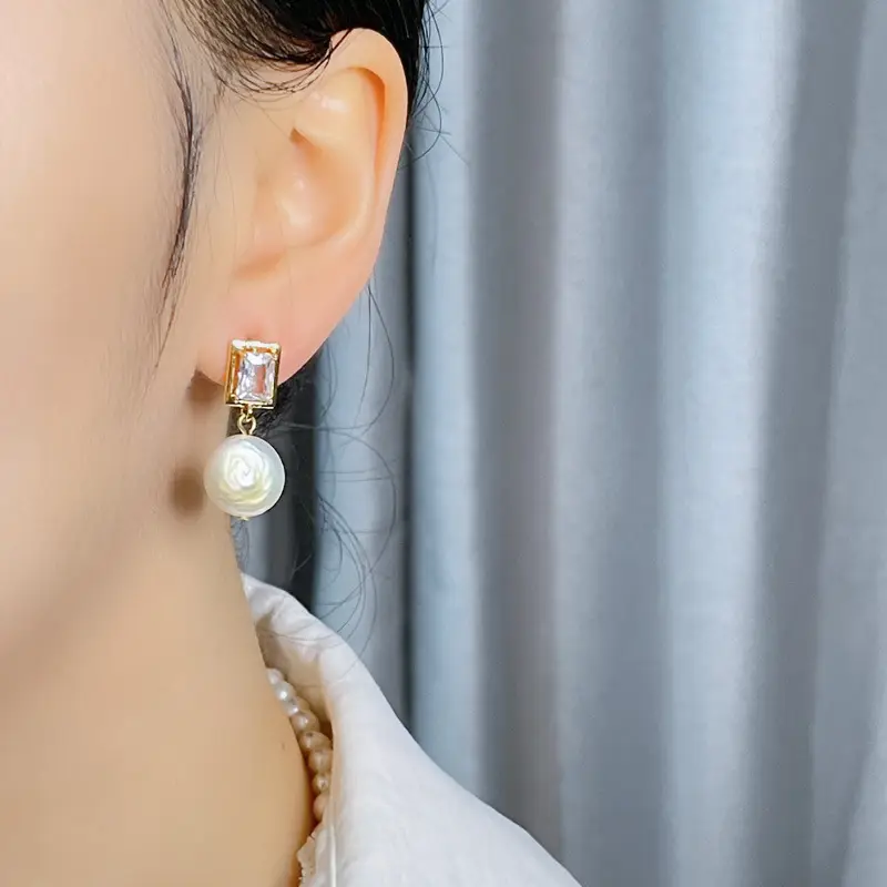 Copper Plated Pearl Earrings Gold Square Design