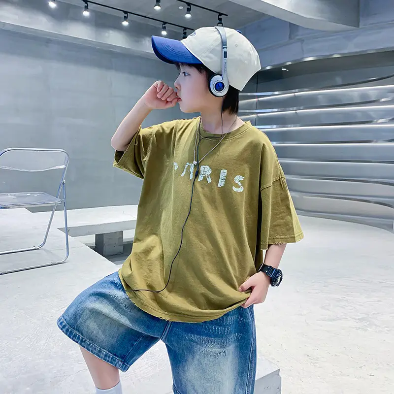 Boys Paris Print Cotton T-Shirt Olive Green 2026 - Image 2