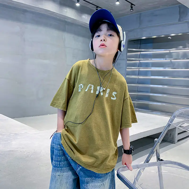 Boys Paris Print Cotton T-Shirt Olive Green 2026 - Image 3