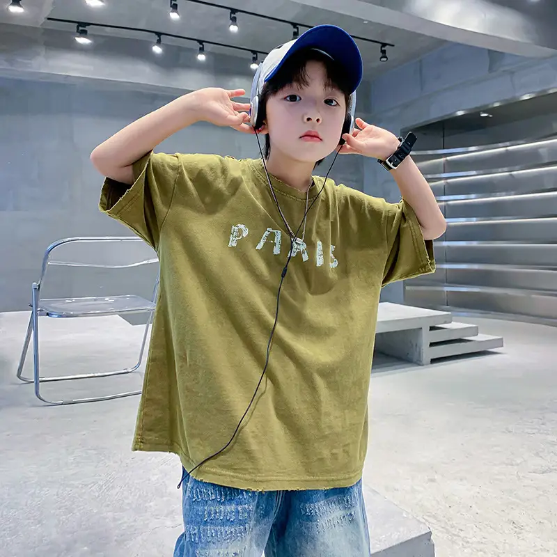 Boys Paris Print Cotton T-Shirt Olive Green 2026 - Image 4