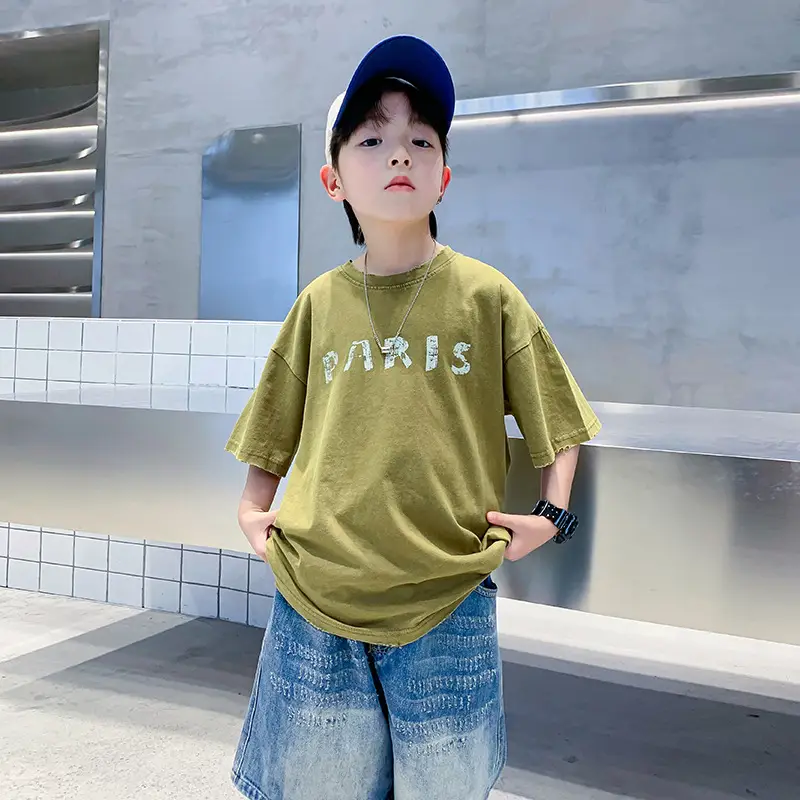 Boys Paris Print Cotton T-Shirt Olive Green 2026 - Image 5