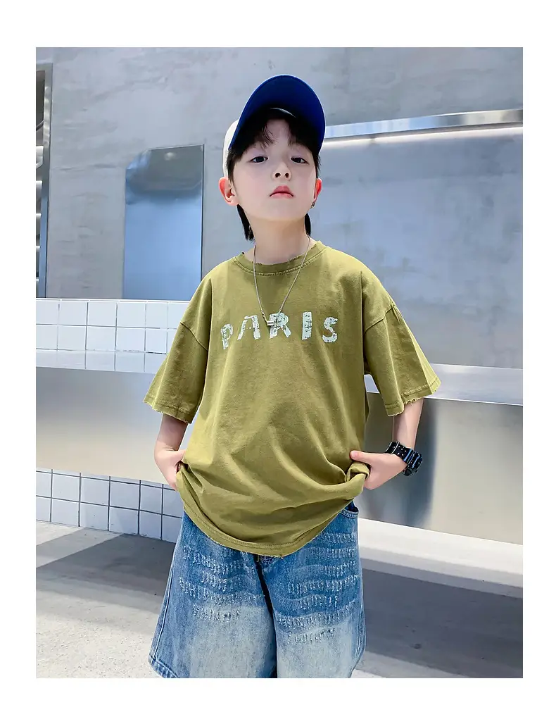 Boys Paris Print Cotton T-Shirt Olive Green 2026 — feature 17